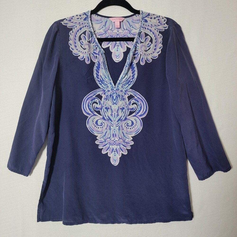 Lilly Pulitzer Navy Tunic with Lilac & Light Blue Embroidered Yoke